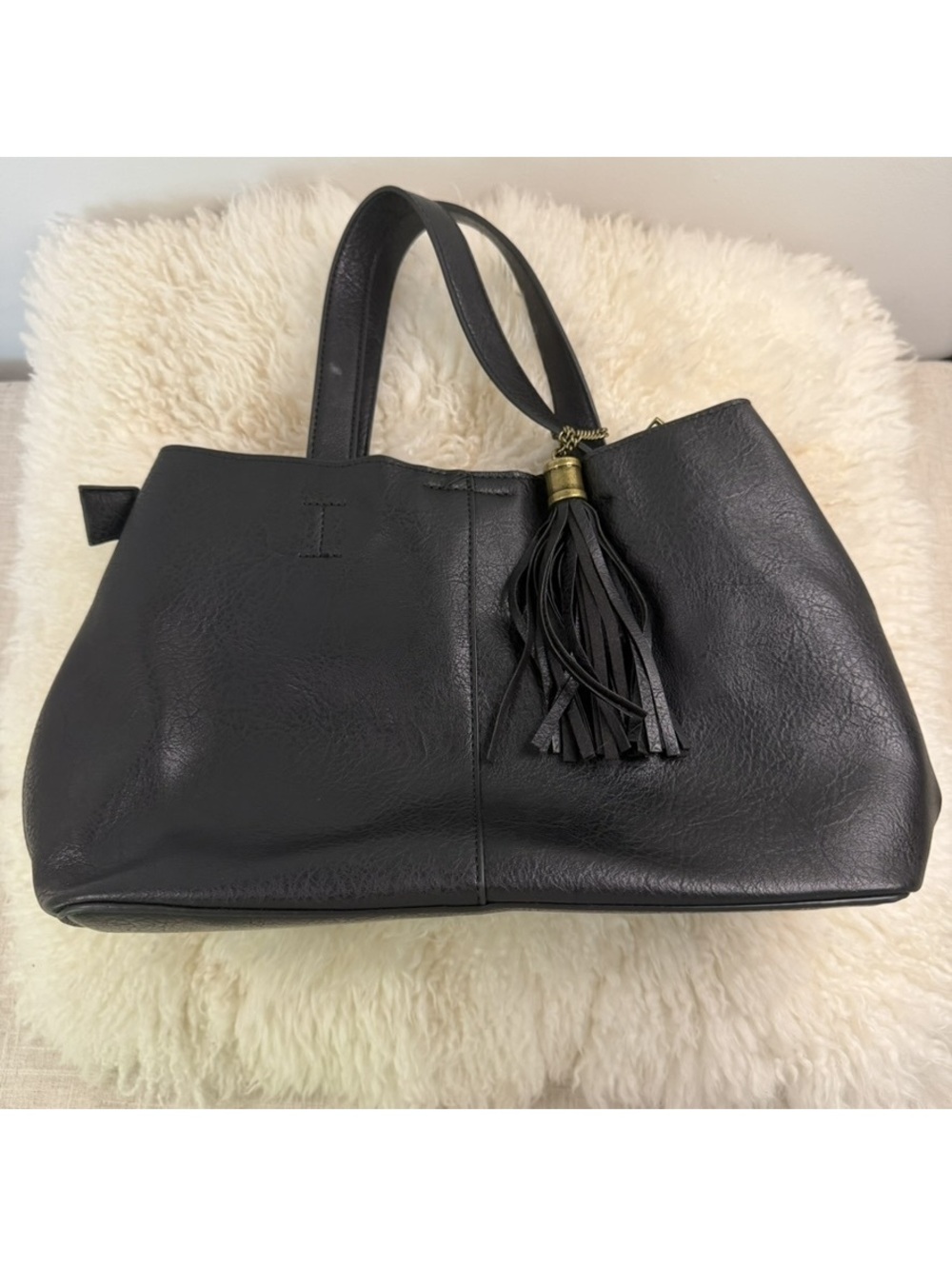 Black Faux Leather Tassel Tote Bag Convertible Crossbody Shoulder Purse